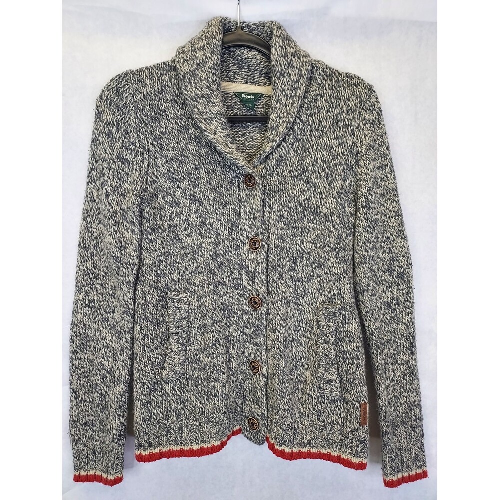 Roots Cabin Sweater Cardigan Womens XS Classic Button Up Grey White Shawl Collar